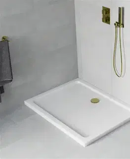 Vane MEXEN/S - Flat sprchová vanička obdĺžniková slim 110 x 80, biela + zlatý sifón 40108011G