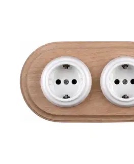 Predlžovacie káble Elhard - Dvojitá keramická retro domová zásuvka s rámom SCHUKO 230V biela/drevo EF0096+2xEF0087