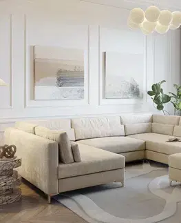 Sedacie súpravy XL DELIFE Pohovka v tvare U Elio 300x185 cm manšester béžová s taburetom