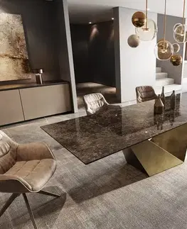 Jedálenské stoly DELIFE Jedálenský stôl Edge 300x100 keramika Laminam® Emperador Extra Lucidato tmavohnedá Prisma metalická zlatá