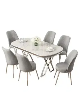 Jedálenské sety Dining Table & Chairs Set (7 Pieces) Lai - White, Chrome, Grey
