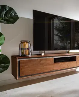 Televízne stolíky DELIFE TV stolík Stonegrace 175 cm akácia hnedá kamenná dyha 2 dvierka 1 zásuvka 1 priehradka závesný