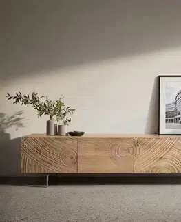 Televízne stolíky DELIFE TV stolík Ashara 220 cm dub prírodná 3D efekt 4 dvierka podstava v tvare L nerezová oceľ kefovaná