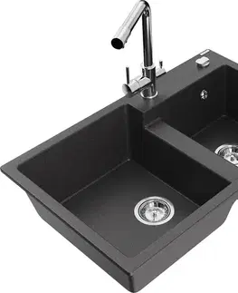 Kuchynské drezy MEXEN/S MEXEN/S - Tomas granitový drez 2-bowl vrátane batérie Duero, čierna kropenatá 6516-76-671600-00