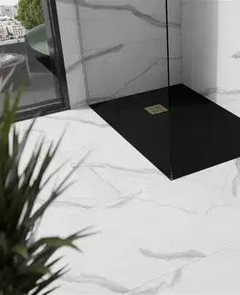 Vane MEXEN/S - Stone+ obdĺžniková sprchová vanička 90 x 70, čierna, mriežka zlatá 44707090-G