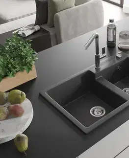 Kuchynské drezy MEXEN/S MEXEN/S - Tomas granitový drez 2-bowl vrátane batérie Flora, čierna kropenatá 6516-76-670401-00