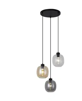Závesné svietidlá Závesná lampa čierna s jantárovým, dymovým a čírym sklom 3-Lights - Elena