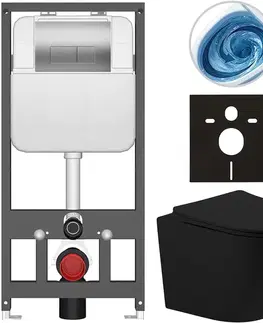 Záchody CERANO - Kompletný WC set Basic/Cesso - čierna matná - WC tlačidlo Modulo/Strieborná - závesné - predstenová inštalácia - 49x36 CER-8050BD86238