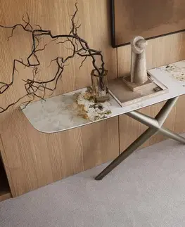 Konzolové stolíky DELIFE Konzolový stolík Edge zaoblený tvar 180×40 cm keramika Minas Melange bielo-béžová Estelo kov titánová farba