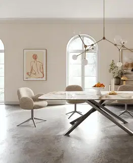 Jedálenské stoly DELIFE Jedálenský stôl Edge zaoblený 240×120 cm keramika Minas Melange bielo-béžová krížová podstava hranatý nerezová oceľ grafitová