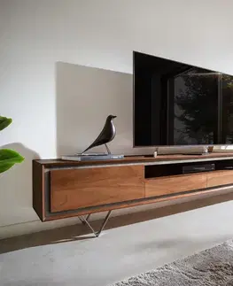 Televízne stolíky DELIFE TV stolík Stonegrace 240 cm akácia hnedá 2 dvierka 2 zásuvky 1 priehradka kamenná dyha podstava v tvare V čierna