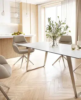 Jedálenské stoly DELIFE Jedálenský stôl Edge 200x100 keramika Laminam® Statuarietto biela nerezová oceľ šikmý