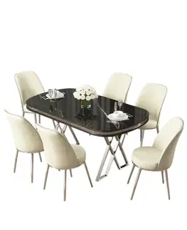 Jedálenské sety Dining Table & Chairs Set (7 Pieces) Lai - Black Marble, Chrome, Cream