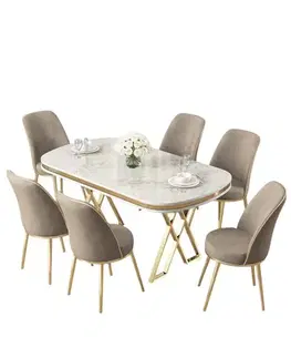 Jedálenské sety Dining Table & Chairs Set (7 Pieces) Lai - White, Gold, Cappuccino