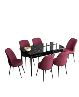 Jedálenské sety Extendable Dining Table & Chairs Set (7 Pieces) Han - Black Marble, Burgundy
