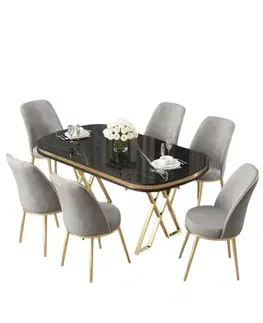Jedálenské sety Dining Table & Chairs Set (7 Pieces) Lai - Black Marble, Gold, Grey