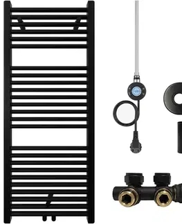 Doplnky do kúpeľne CERANO - Kúpeľňový radiátorový set Lincoln - kombinované vykurovanie, wifi tyč - stredové pripojenie 50 mm - 300W - čierna matná - 1200x500 mm CER-663391
