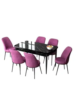 Jedálenské sety Extendable Dining Table & Chairs Set (7 Pieces) Zen - Black Marble, Purple