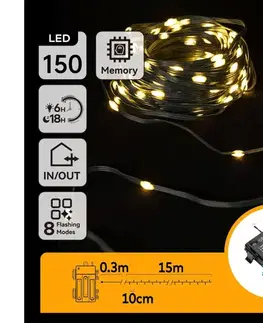 LED osvetlenie  B.V.  -LED Vonkajší  reťaz 150xLED/8 funkcií 3xAA 15,3m IP44 teplá biela B10303K1K