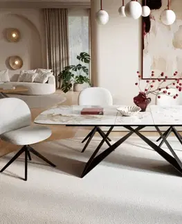 Jedálenské stoly DELIFE Jedálenský stôl Edge oválny 180-220×100 cm keramika Minas Melange bielo-béžová podstava v tvare V plochá oceľ čierna rozkladací