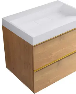 Kúpeľňový nábytok CERANO - Kúpeľňová skrinka Velora - dub medový, úchytka zlatá + umývadlo z lit. mramoru Vita - biela lesklá - 70x63x46,5 CER-8050BD84058
