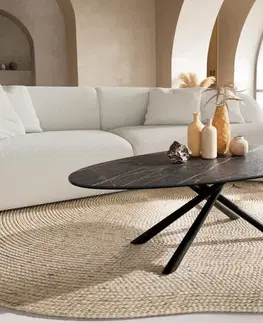 Konferenčné stolíky DELIFE Konferenčný stolík Edge oválny 140x75 cm keramika Laminam® Noir Desir hnedá Sarity kov čierna