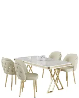 Jedálenské sety Dining Table & Chairs Set (5 Pieces) Rigel - White, Gold, Cream