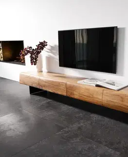 Televízne stolíky DELIFE TV stolík New Live-Edge 240 cm akácia prírodná 4 zásuvky závesná kov čierna