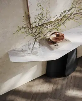 Konzolové stolíky DELIFE Konzolový stolík Edge polygonálny 180×50 cm keramika Laminam® Statuarietto biela Livos kov čierna