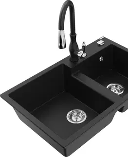 Kuchynské drezy MEXEN/S MEXEN/S - Tomas granitový drez 2-bowl vrátane batérie Savita, čierna 6516-77-672601-70