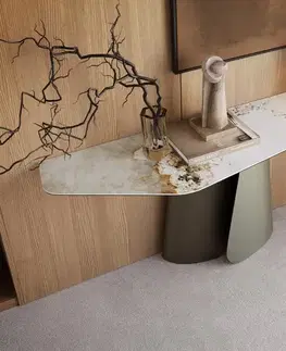Konzolové stolíky DELIFE Konzolový stolík Edge polygonálny 180×50 cm keramika Minas melange bielo-béžová Livos kov titánová farba