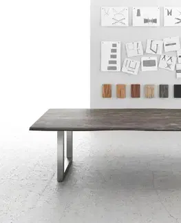 Jedálenské stoly DELIFE Jedálenský stôl Edge 260x100 akácia platinová nerezová oceľ široký Live-Edge