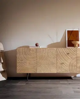 Komody DELIFE Komoda Ashara 200 cm dub prírodná 3D efekt 4 dvierka okrúhla podstava kov čierna