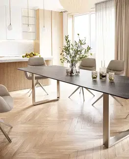 Jedálenské stoly DELIFE Jedálenský stôl Edge 300x100 keramika Laminam® Noir Desir hnedá nerezová oceľ úzky
