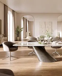 Jedálenské stoly DELIFE Jedálenský stôl Edge zaoblený tvar 260×120 cm keramika Minas Melange bielo-béžová Cono metalická strieborná