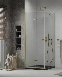 Vane MEXEN/S - Lima sprchovací kút zalamovacie dvere 80 x 80, transparent, zlatý + Flat čierna vanička so sifónom 856-080-080-50-00-4070G
