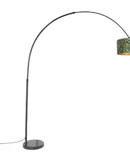 Oblúkové lampy Botanická oblúková lampa čierna zamatový tienidlo s motívom páva 50 cm - XXL