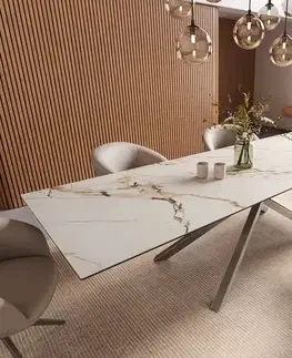 Jedálenské stoly DELIFE Jedálenský stôl Edge 300x100 keramika Calacatta Luxe bielo-zlato-šedá krížová podstava hranatý nerezová oceľ