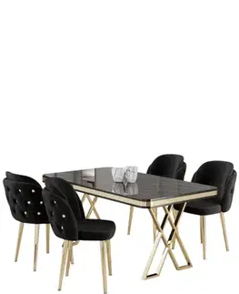 Jedálenské sety Dining Table & Chairs Set (5 Pieces) Rigel - Black Marble, Gold, Black