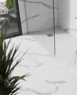 Vane MEXEN/S - Stone+ obdĺžniková sprchová vanička 100 x 70, biela, mriežka zlatá 44107010-G