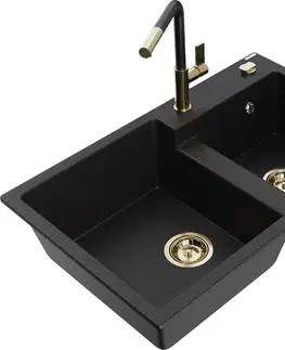 Kuchynské drezy MEXEN/S MEXEN/S - Tomas granitový drez 2-bowl vrátane batérie Flora, čierna 6516-77-670401-57-G