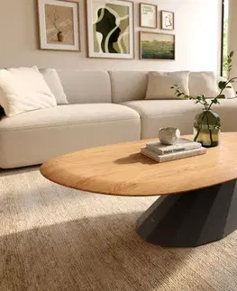 Konferenčné stolíky DELIFE Konferenčný stolík Edge oválny 140x75 cm dub prírodný zaoblená hrana Parabi kov čierna