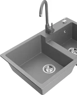 Kuchynské drezy MEXEN/S MEXEN/S - Tomas granitový drez 2-bowl vrátane batérie Telma, šedá 6516-71-670200-71