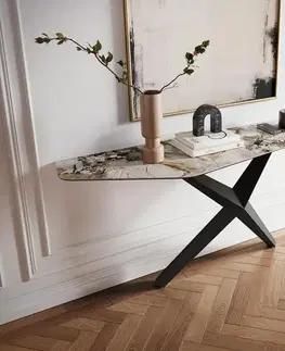 Konzolové stolíky DELIFE Konzolový stolík Edge polygonálny 180×50 cm keramika patagonia leštená Zentharo kov čierna