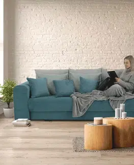 Pohovky a gauče KONDELA Gilen Big Sofa rozkladacia pohovka s úložným priestorom modrá / mentolová / svetlosivá