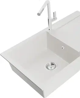 Kuchynské drezy MEXEN/S MEXEN/S - Leo granitový drez 1 s odkvapkávačom vrátane batérie Flora, biela 6501-20-670401-02