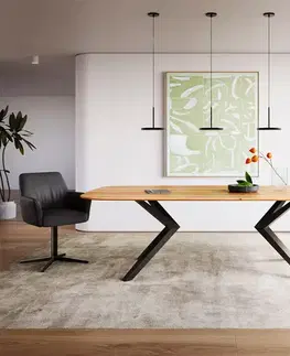 Jedálenské stoly DELIFE Jedálenský stôl Edge zaoblený tvar 240x120x2,5-3 dub prírodný Zenthara hranatý kov čierny švajčiarska hrana
