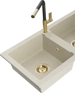 Kuchynské drezy MEXEN/S MEXEN/S - Mario granitový drez 2-bowl vrátane batérie Flora, béžová 6504-69-670401-57-G