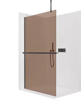 Sprchové dvere CERANO - Sprchová zástena Walk-in Onyx Top Round Ľ/P - 8 mm - okrúhla vzpera + polička/držiak na uteráky - čierna matná, bronzové sklo - 100x200 CER-690088