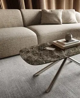 Konferenčné stolíky DELIFE Konferenčný stolík Edge zaoblený tvar 100x50 cm keramika Laminam® Emperador Extra Lucidato tmavohnedá Sarity nerezová oceľ kefovaná
